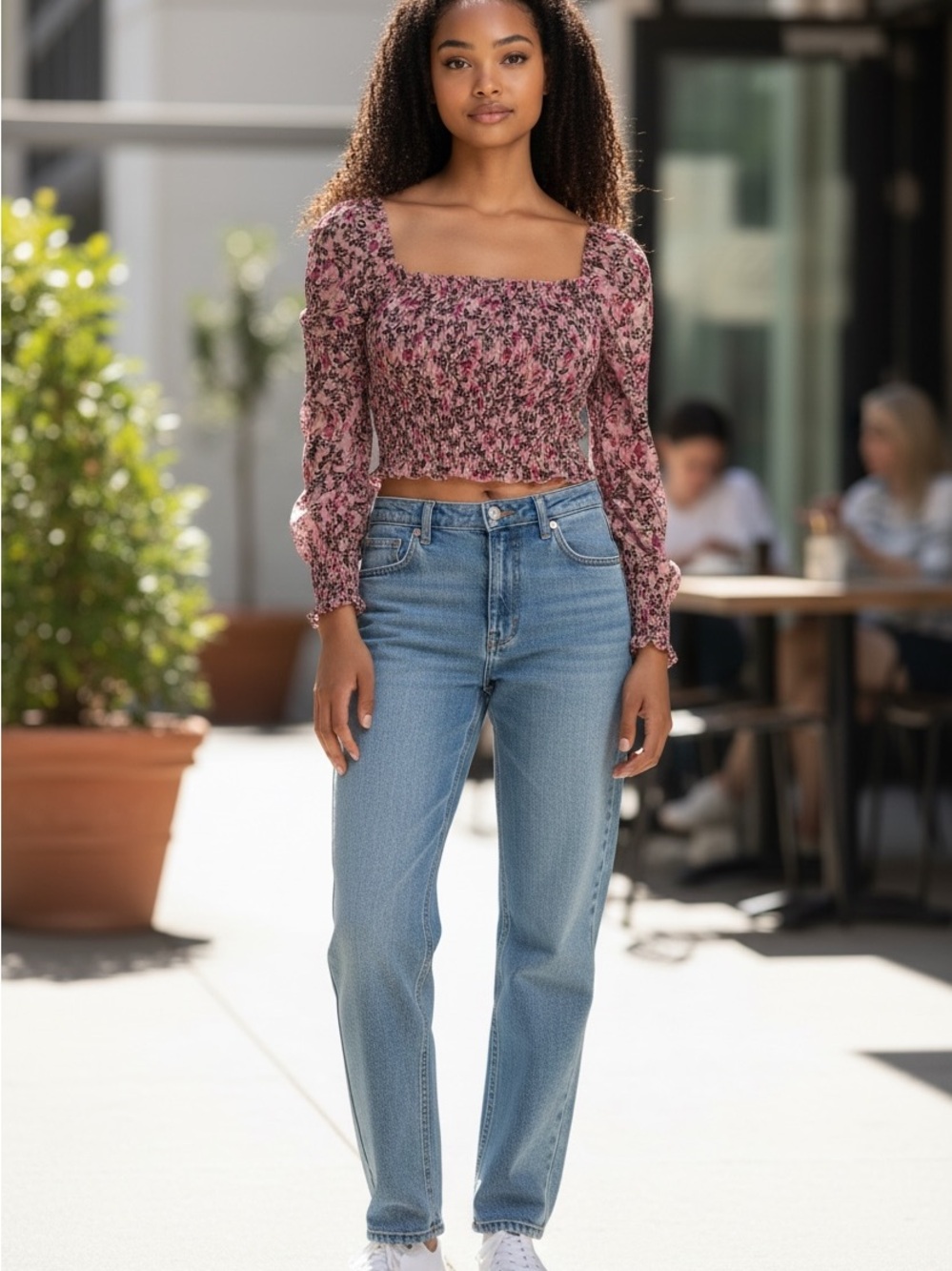 Socialite Pink Floral Square Neck Long-Sleeve Crop Top